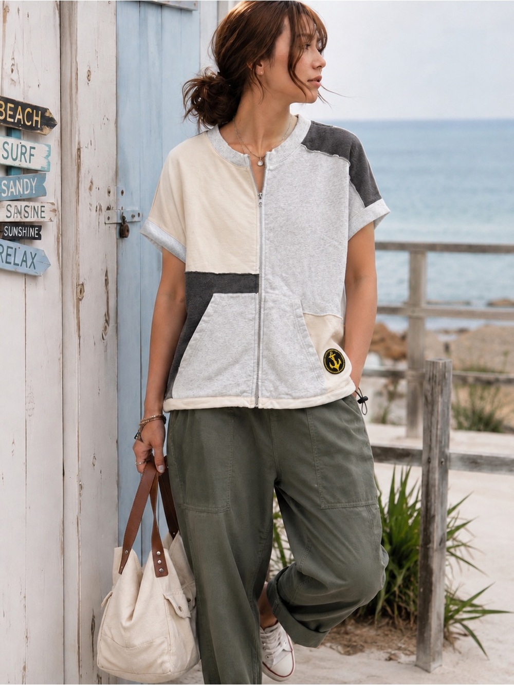Kakela & Tranquil Patchwork Zip Sweatshirt Jacket Oversized Japanese Streetwear